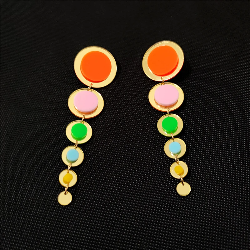 KUGUYS Round Dots Long Tassel Drop Earrings for Women Mirror Gold Color Acrylic Trendy Jewelry Fashion Hyperbole Accessories