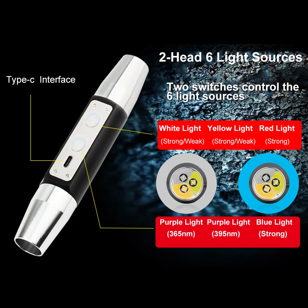 Lámpara de inspección de Jade, luz ultravioleta UV de 365/395NM, recargable por USB, Detector, linterna para joyería de Esmeralda, 6 fuentes de luz