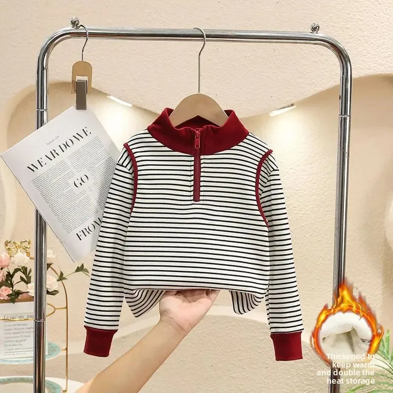 Girls Striped Padded Sweatshirt Children Fleece Lined Pullover Winter Thicken Jumper Autumn Warm Striped Block Fashion Clothes