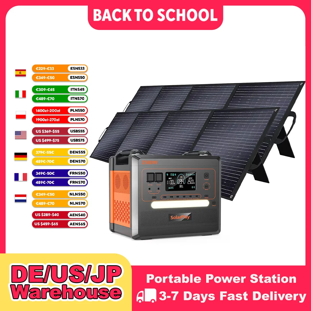 SOLARPLAY Q2402M Solargenerator 2500 W 220 V EU-Kraftwerk mit 18 V 200 W faltbarem Solarpanel-Batterie-Komplettset-System
