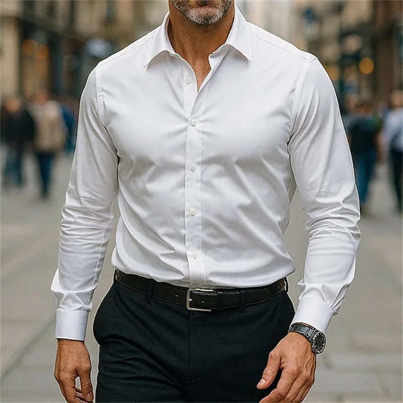قميص رجال الأعمال، لون خالص، بأكمام طويلة، قصة ضيقة، خالي من التجاعيد، قميص رسمي احترافي، متوفر بألوان متعددة #1