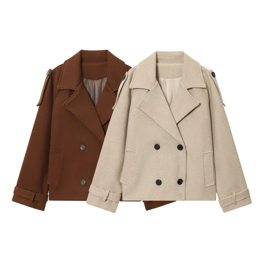 

Autumn New Arrival Women's Retro Loose Casual Simple Notched Lapel Long Sleeve Double-Breasted Wool Coat