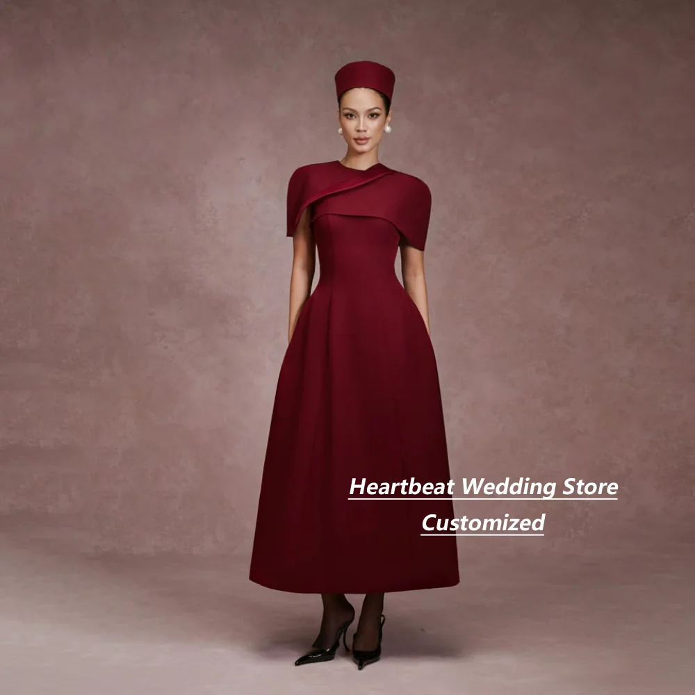 Customized Burgundy Crepe Midi A Line Gown Capelet Matching Hat Pleated Waist With Pockets Formal Mother Of Bride Evening Dress