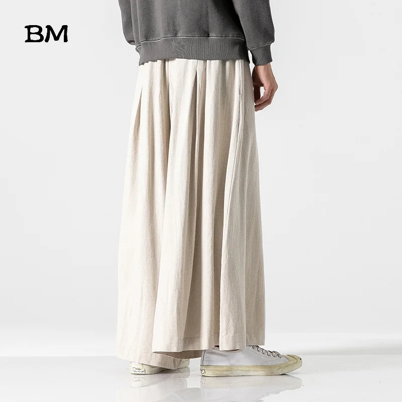 Chinese Style Loose Wide Leg Pants Linen Casual Trousers Black Plus Size Skirt Pants Fashion Baggy Flared Pants Men 5XL Clothing