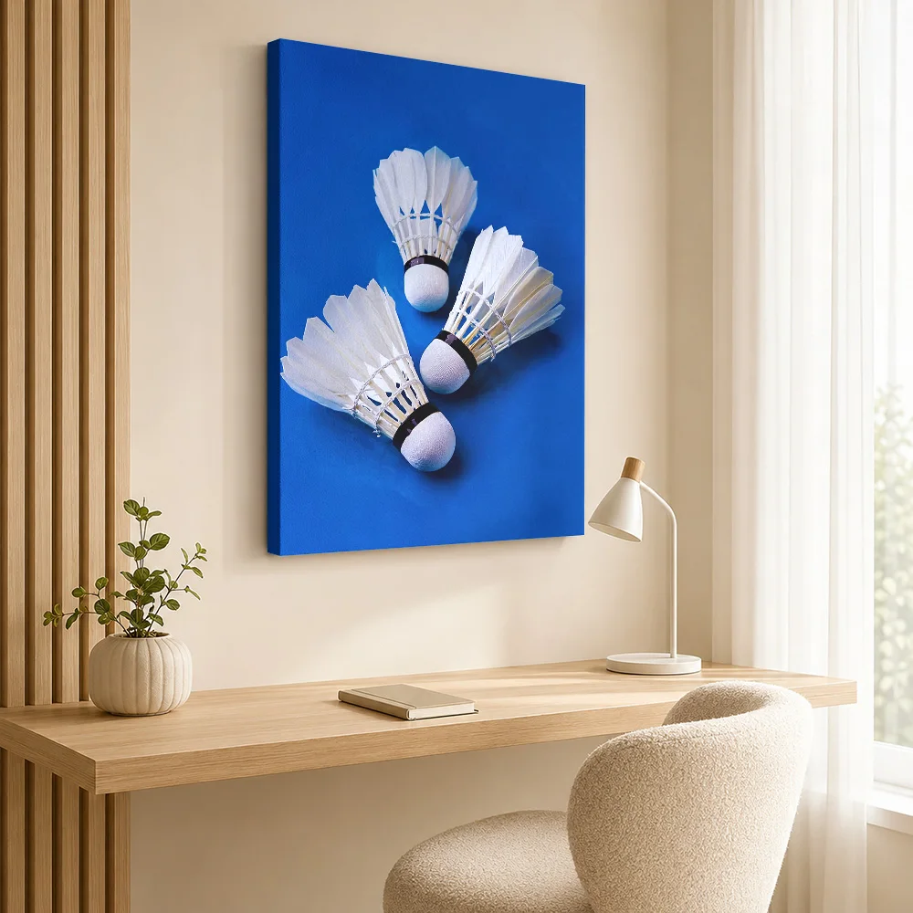 Three Badminton Shuttlecocks On Blue Background Canvas Poster Customized Sports Portrait Canvas Wall Art for Bedroom Gym Decor