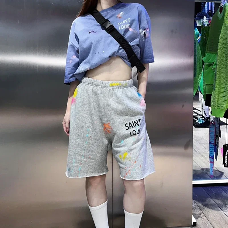 Men Women Couple Casual Splash Ink Graffiti Saint Louis Shorts Best Quality Cotton Drawstring Vintage Gray Oversized Breeches