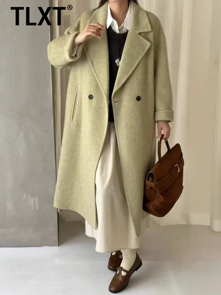 

TLXT элегантное женское шикарное мятно-зеленое длинное пальто из смесовой шерсти с широкими зубчатыми лацканами, двубортная зимняя верхняя одежда XK1608