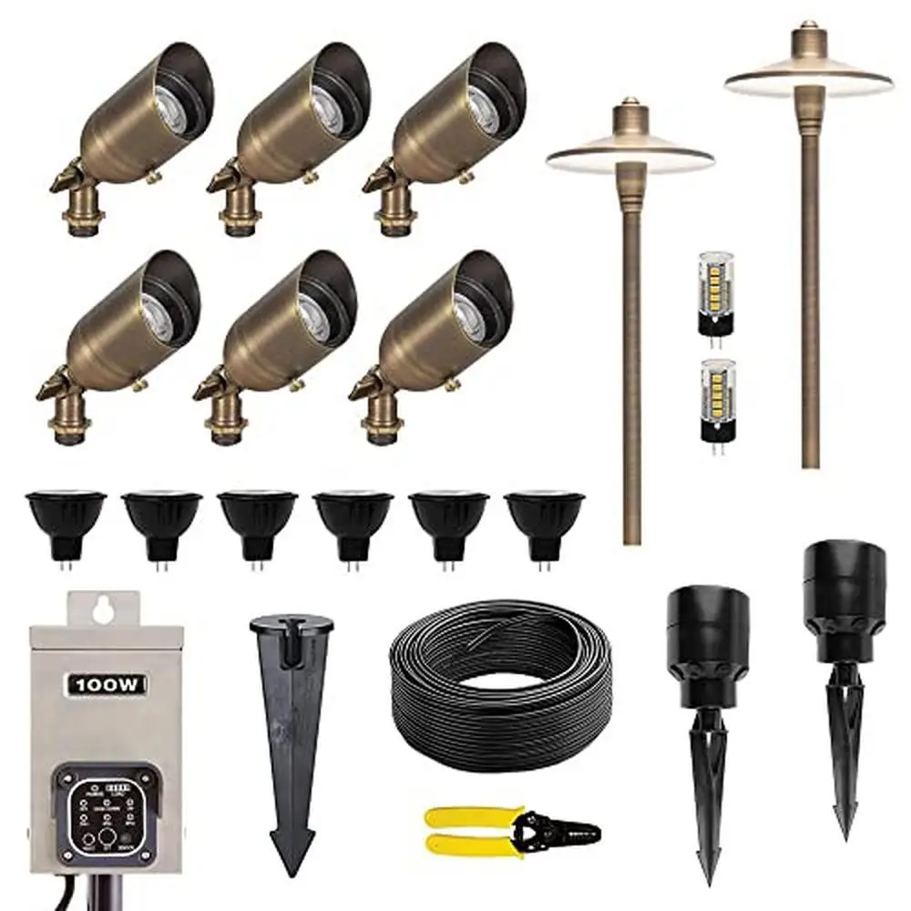 12V Brass LED Landscape Lighting Kit 6 Spotlights 2 Path Lights 100W Low Voltage Transformer Solid Brass Construction Warm White