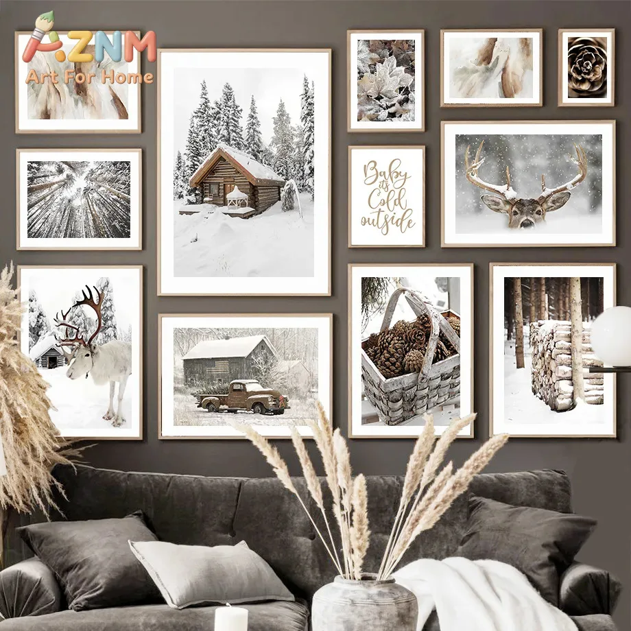 1 Stück Winter Nordische Dekoration Wohnzimmer Schlafzimmer Moderne Schnee-Weihnachts-Leinwandposter Elch Kiefernwald
