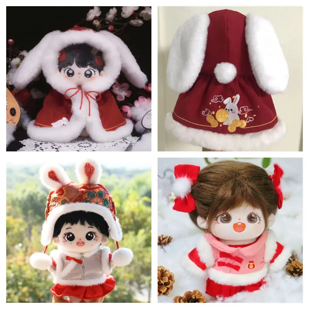 20CM Doll Plush Cloak Red&white Rabbit Ear Poncho Doll New Year's Clothing Hairy Chinese Style Mini Clothes 20cm Cotton Doll