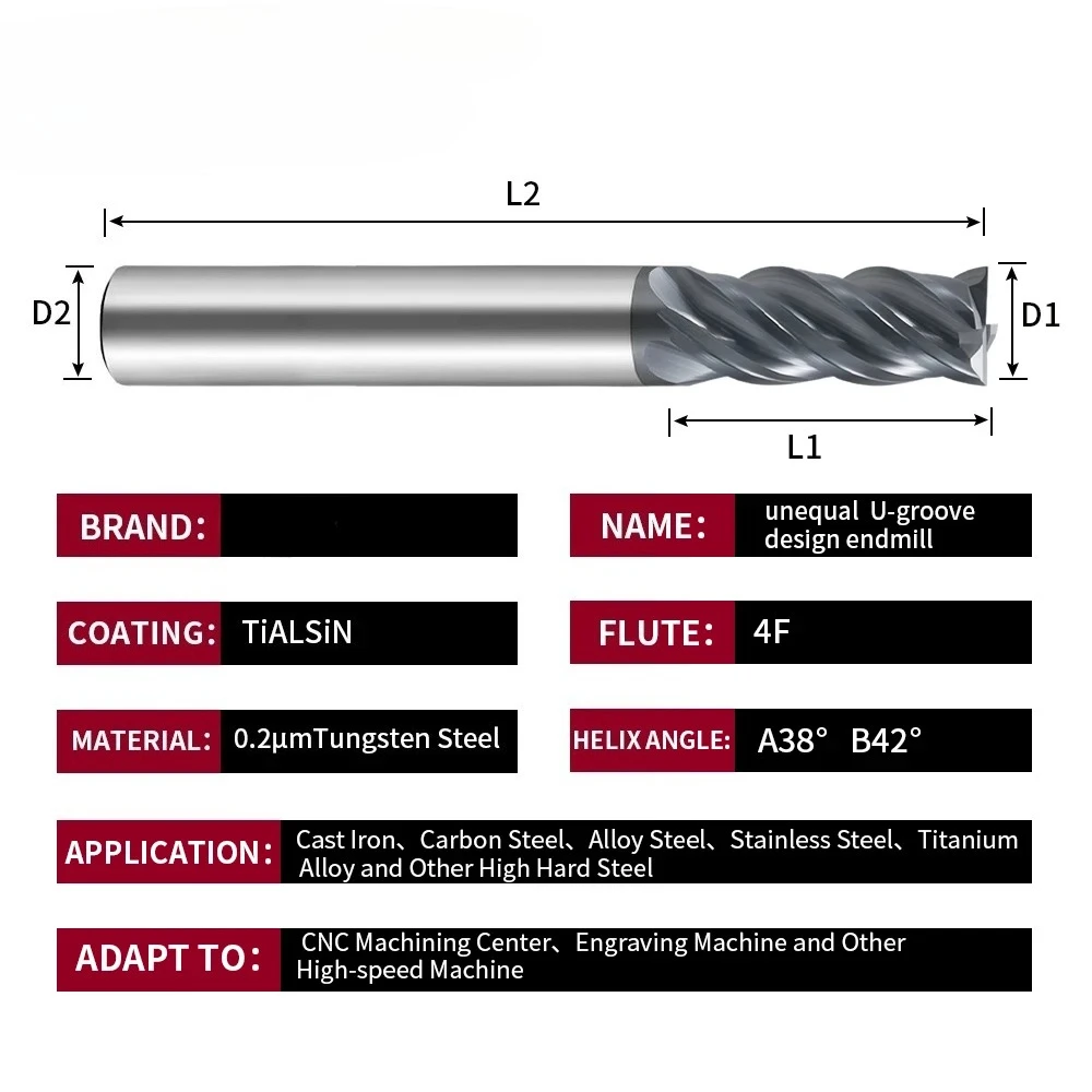Frese a elica in carburo desigual per acciaio inossidabile-4 flauto rivestito TiALSiN