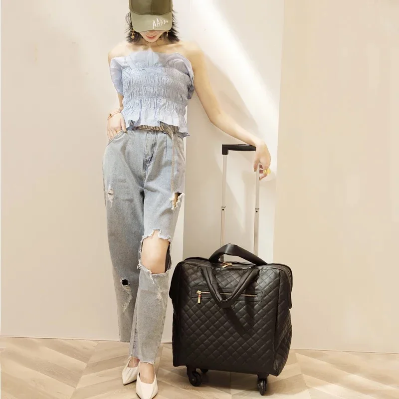 New Women\'s suitcase 100% PU light portable travel trolley bag small rolling luggage female brand boarding 18 inch handbag