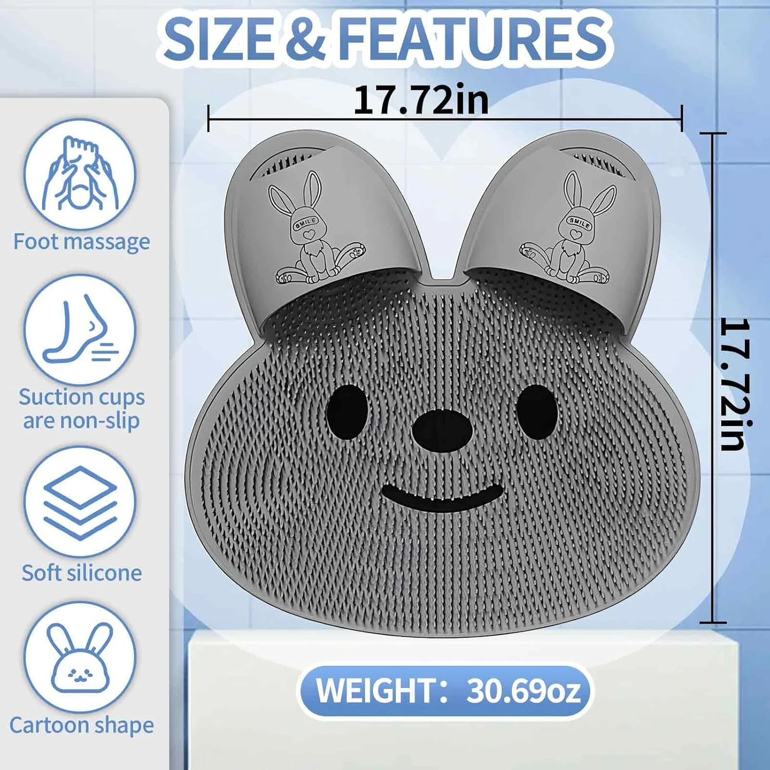 Rabbit Bathroom Shower Anti Slip Mat, Circular Massage Foot Mat, Back Suction Cup,Foot Scrubber, Back Scrubber, Anti Fall Device