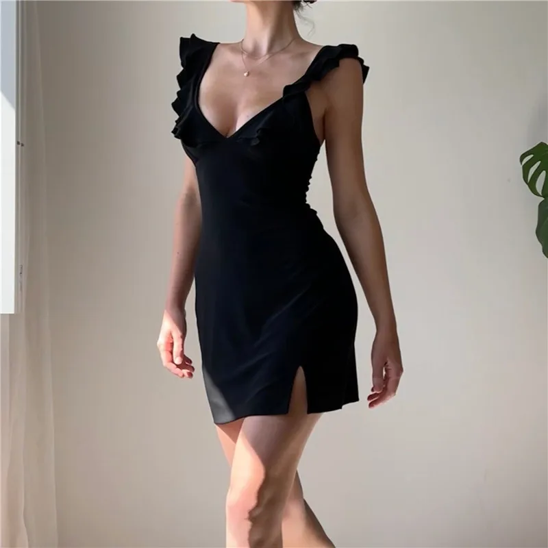 Candyhot Solid Deep V-neck Sleeveless Sexy Slim Dress Elegant Women Ruffles Split Mini Dresses Y2K Summer Party Clubwear Vestido