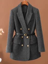 2025 New Popular Seasonal Green Temperament Top Female Blazer Comes With Belt A Vintage Wool Jacket For Women Autumn And Winter