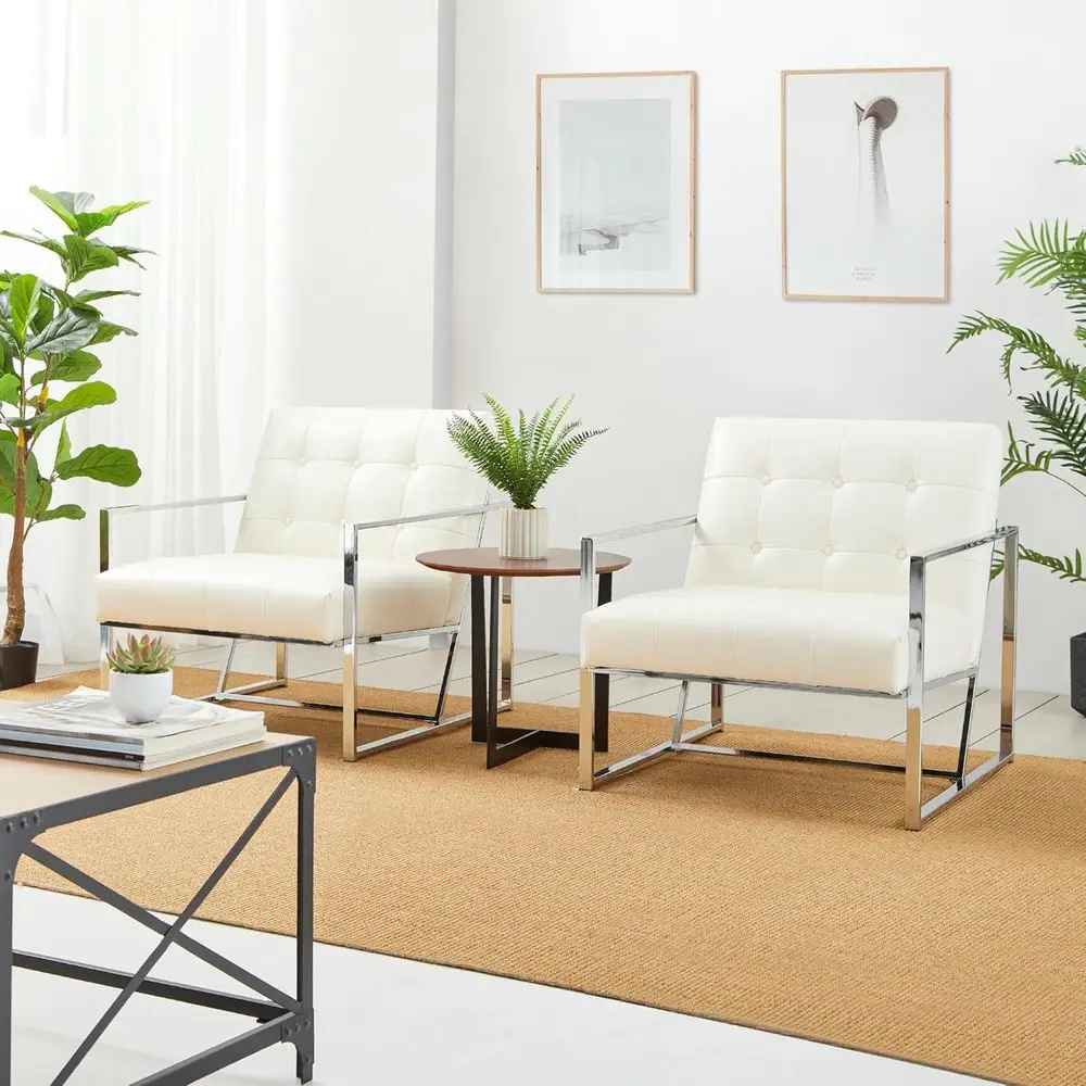 

Mid-Century Modern Accent Chairs Set of 2, Metal Framed, Cream PU Leather Cushioned, Ideal for Living Room, Bedroom, or Home Off