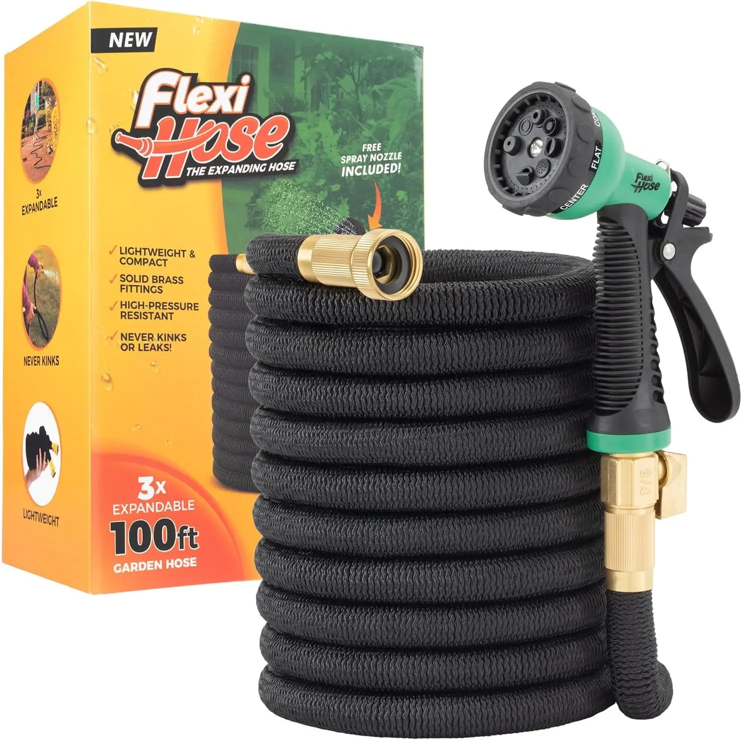 

Expandable Garden Hose 100FT with 8-Pattern Nozzle, Lightweight Retractable Water Hose, Brass Fittings, No-Kink Design