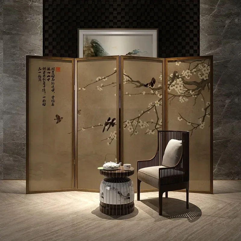 New Chinese flower and bird screen partition living room room mobile folding entrance solid wood entry door bedroom mobile foldi