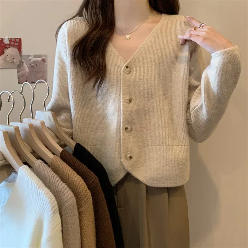 Autumn New Solid Casual Cardigan Woman Sweet Ladies Slim Knitted Cardigan Female Apricot White Black Coffee Korean Top