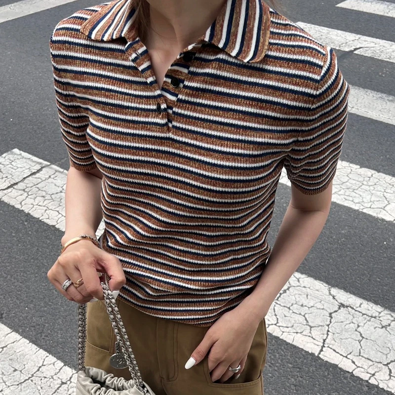 

Retro Striped Knitted Short Sleeve Neck Top for Women Cotton Vintage Style Slim Fit Spring Summer New Arrival