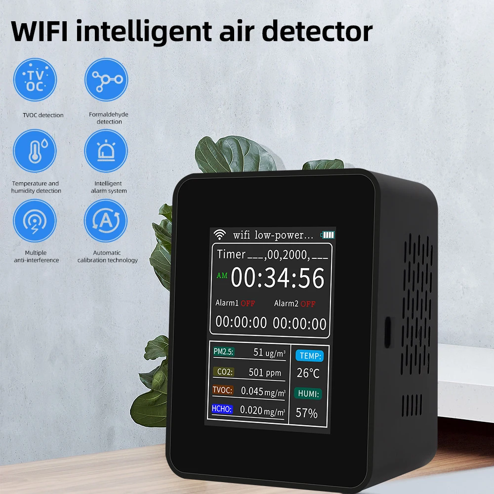 Smart Air Quality Monitor Analyzer With Alarm Timer Detector CO2 PM2.5 TVOC HCHO TEMP HUMI Detectors APP Remotes