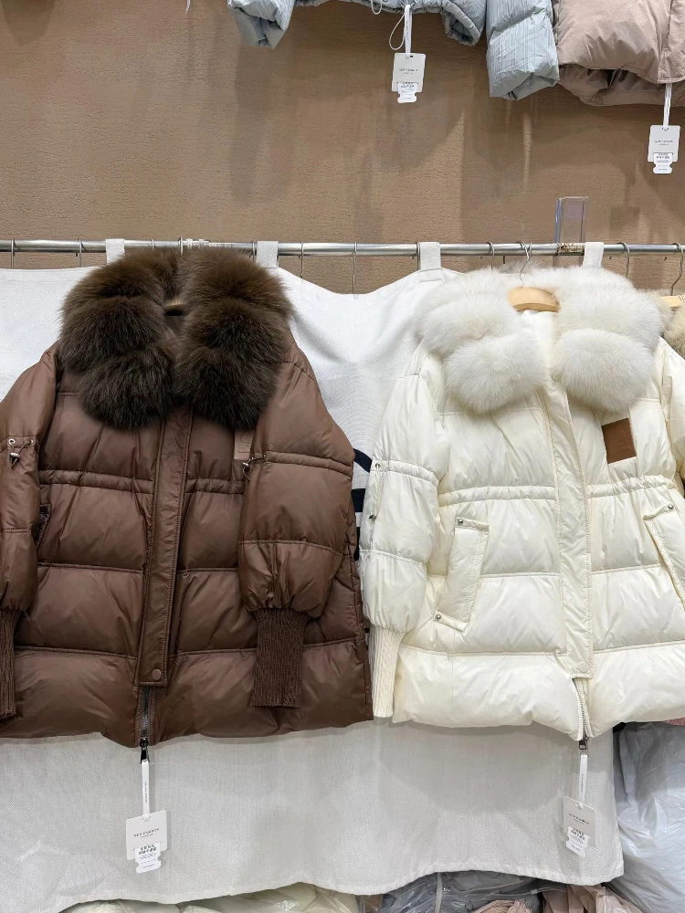 Big Fox Fur Collar Down Jacket 2025 Winter New Fashion Waist Mid-Length Parkas Women Thicken Warm White Duck Puffer Coat Outwear