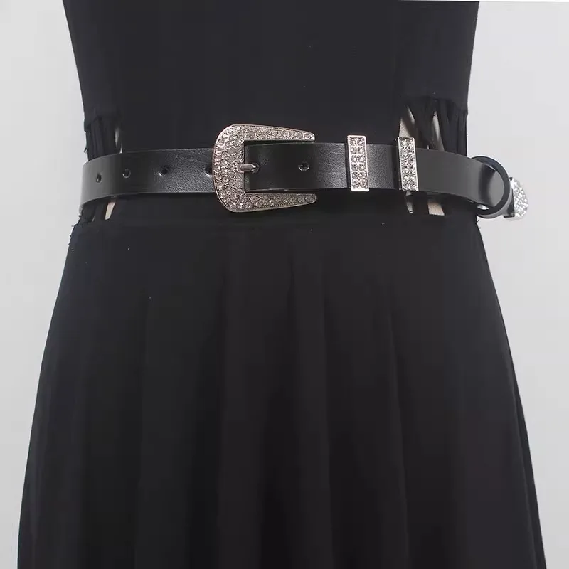 Women's Runway Fashion Diamonds Buckle Genuine Leather Cummerbunds Female Dress Corsets Waistband Belts Decoration Belt R712