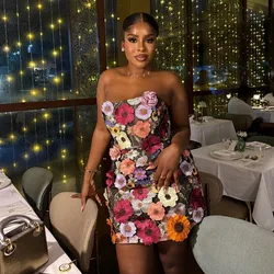 Flowers Short Cocktail Dresses Strapless Plus Size Prom Dress Black Girls Aso Ebi Birthday Party Dress
