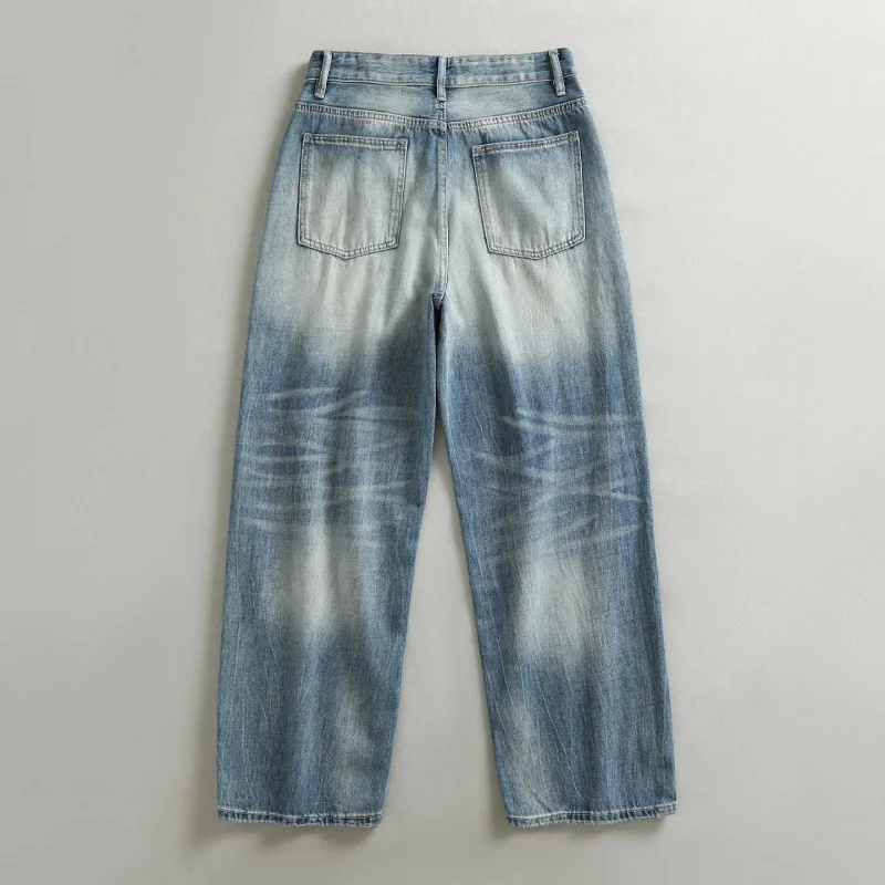 Vintage Gray Men's Jeans with Faded Mustache Pattern Korean Style High Street Loose Straight Wide Versatile Casual Long Pants