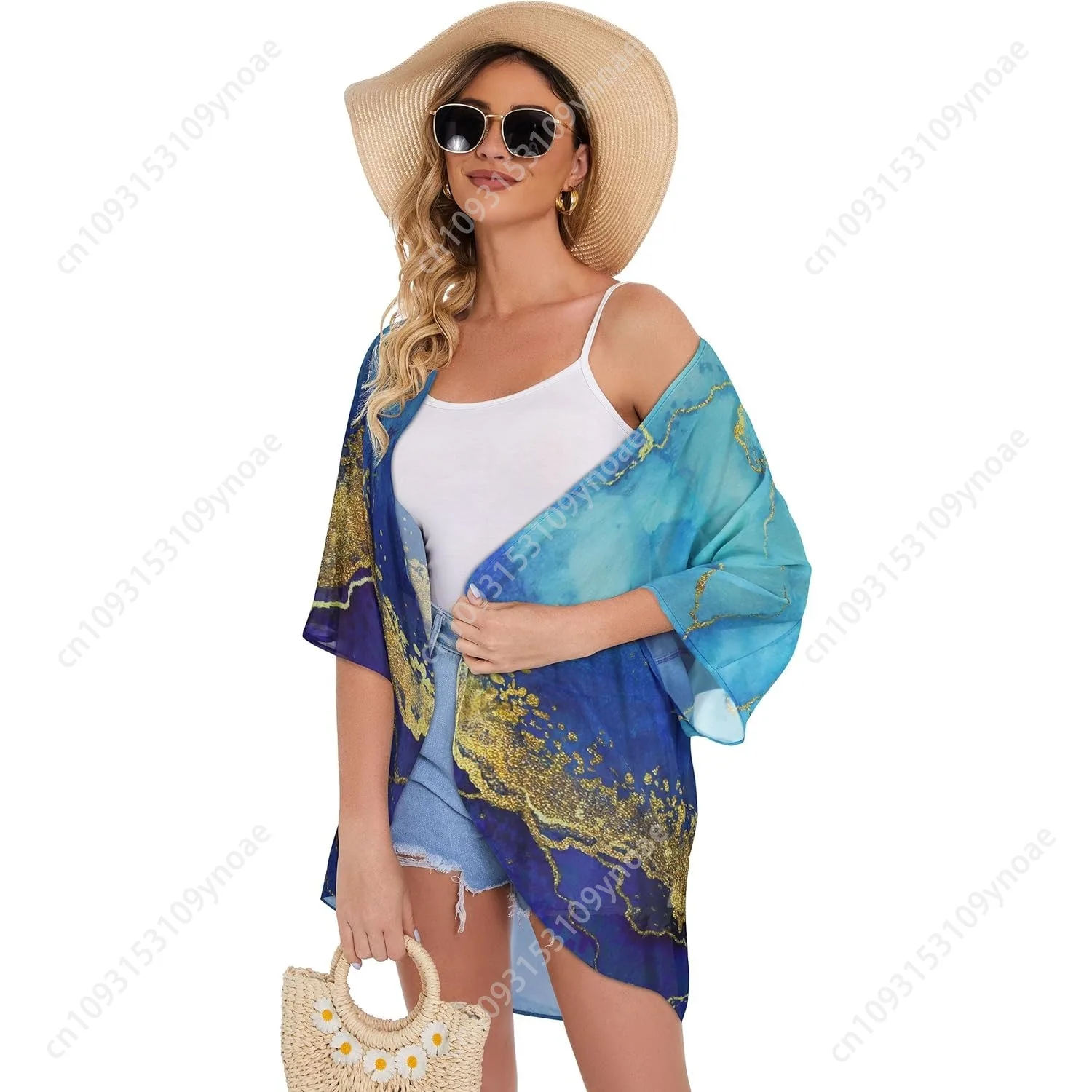 Vintage Floral Loose Cover Up Women Puff Sleeve Kimono Cardigan Silk Half Sleeves Casual T Shirt Swimsuit Cover Up Tops Fashion