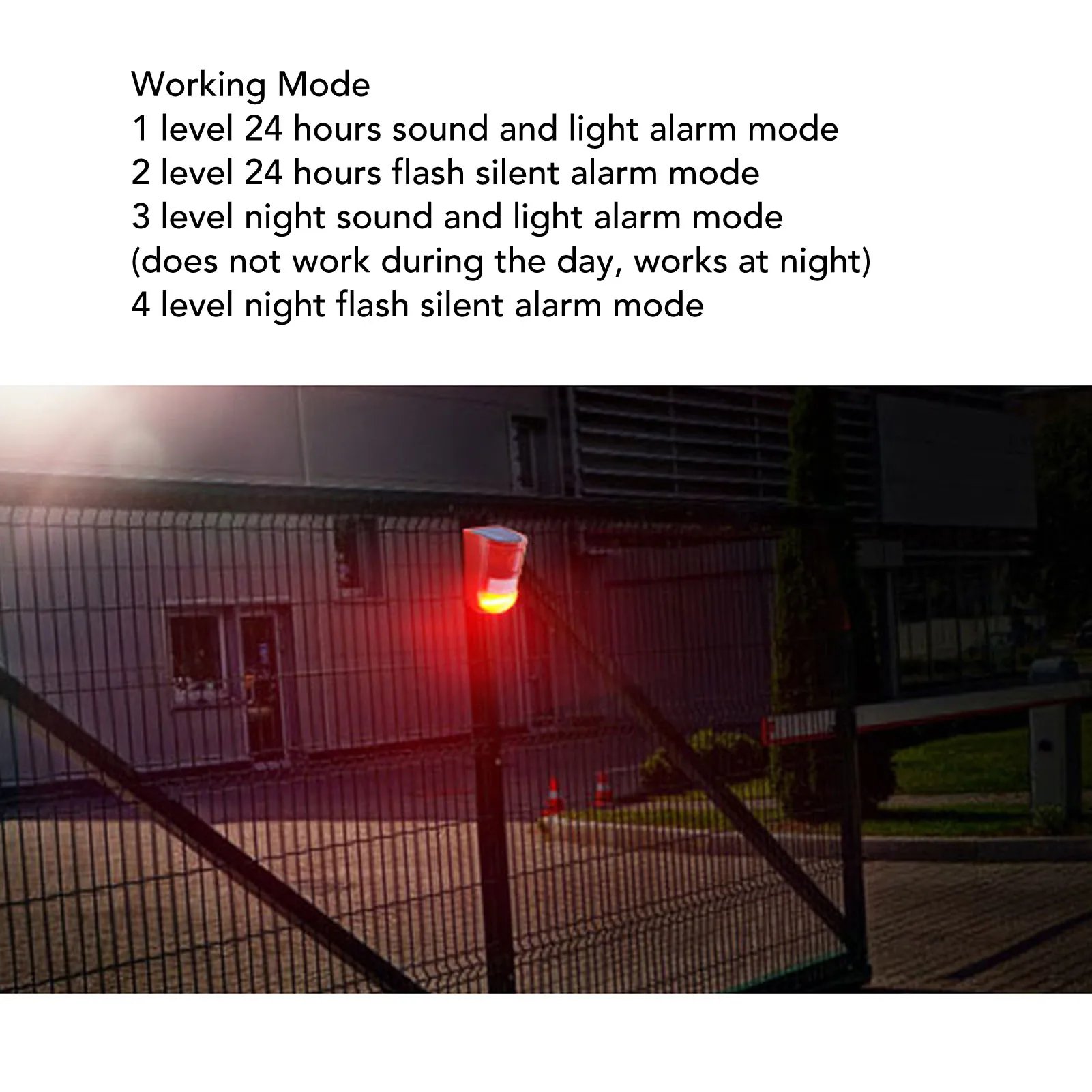 إنذار مستشعر الحركة الشمسية 129dB الصوت IP65 مقاوم للماء إنذار الضوء الأمن لمستودع المزرعة إنذار الصوت والضوء الشمسي #6