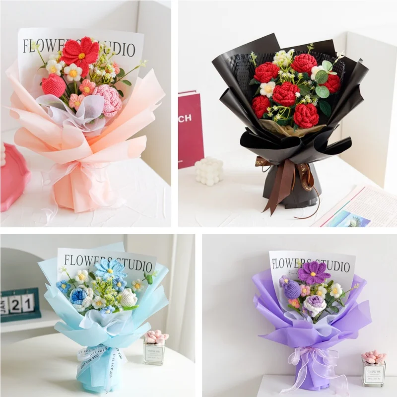 Finished Knitted Flowers Bouquets Artificial Stuffed Roses Crochet Bouquet Creative Gifts For Valentine Mom Birthday Graduation