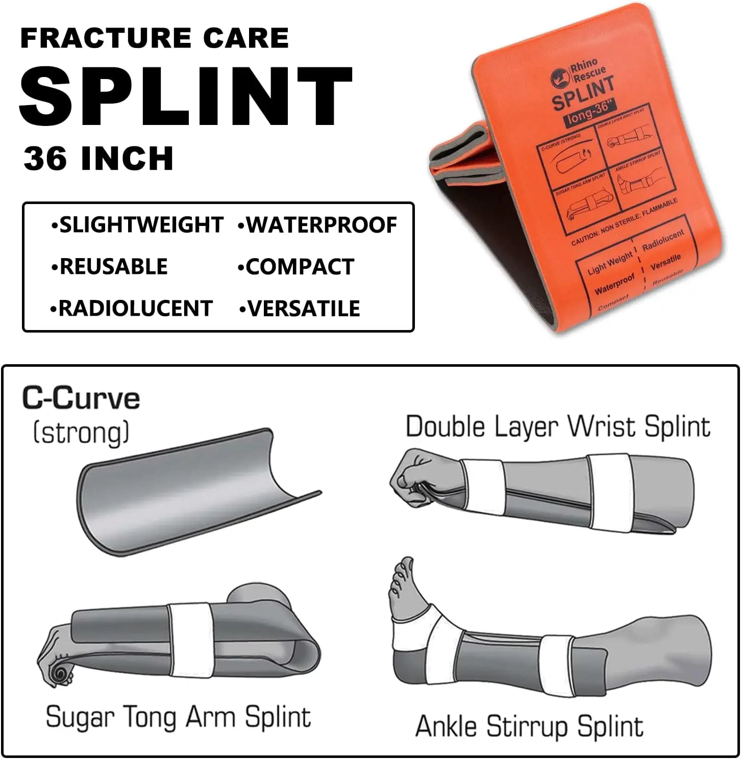 First Aid Splint-Lightweight Reusable Combat Splint, RHINO RESCUE First Aid Medical Splint For Bone Fracture Treatment