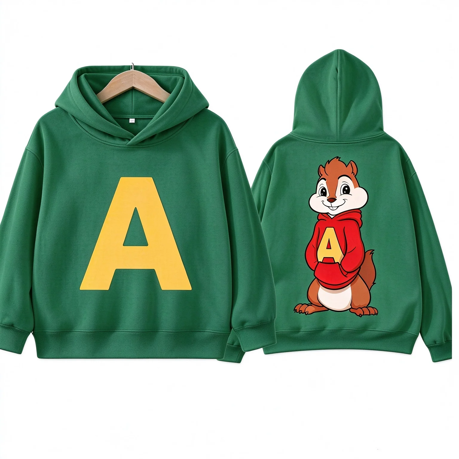 Autumn Cartoon Boy Girl Children's Hoodies Alvin and The Chipmunks Green and Red Long Sleeve Hooded Sweatshirts Pullovers Tops