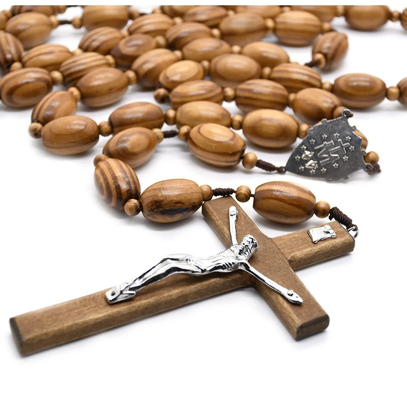 Wall Rosary Necklace Big Wooden Beads Long Cross Pendant Catholic Jewelry