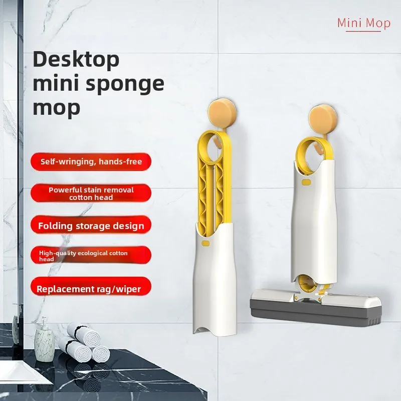 Desktop Mini Mop Handheld No-Hand-Wash Replaceable Sponge Mop for Kitchen Countertop and Bathroom Cleaning