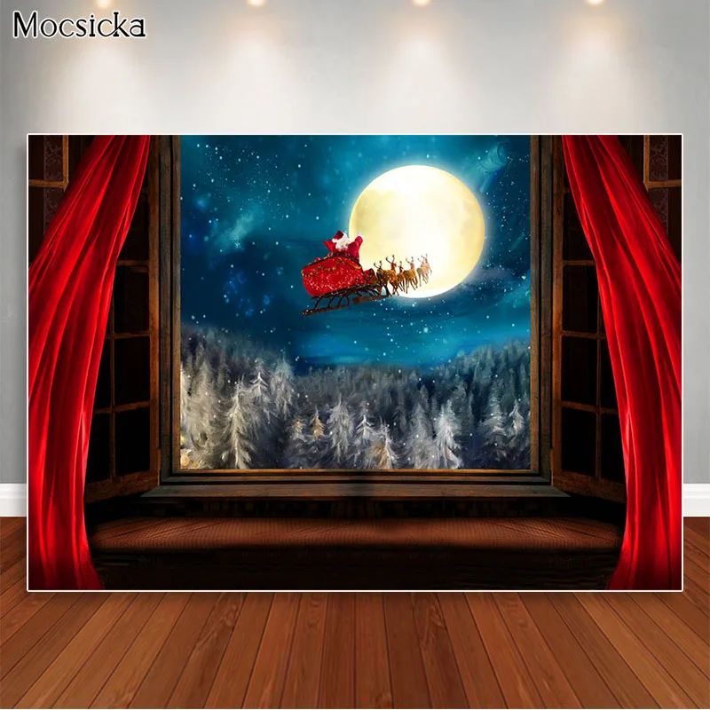 Latar Belakang Natal Musim Dingin Malam Santa Bulan Purnama Jendela Fotografi Latar Belakang Merah Tirai Potret Photobooth Foto Alat Peraga Studio