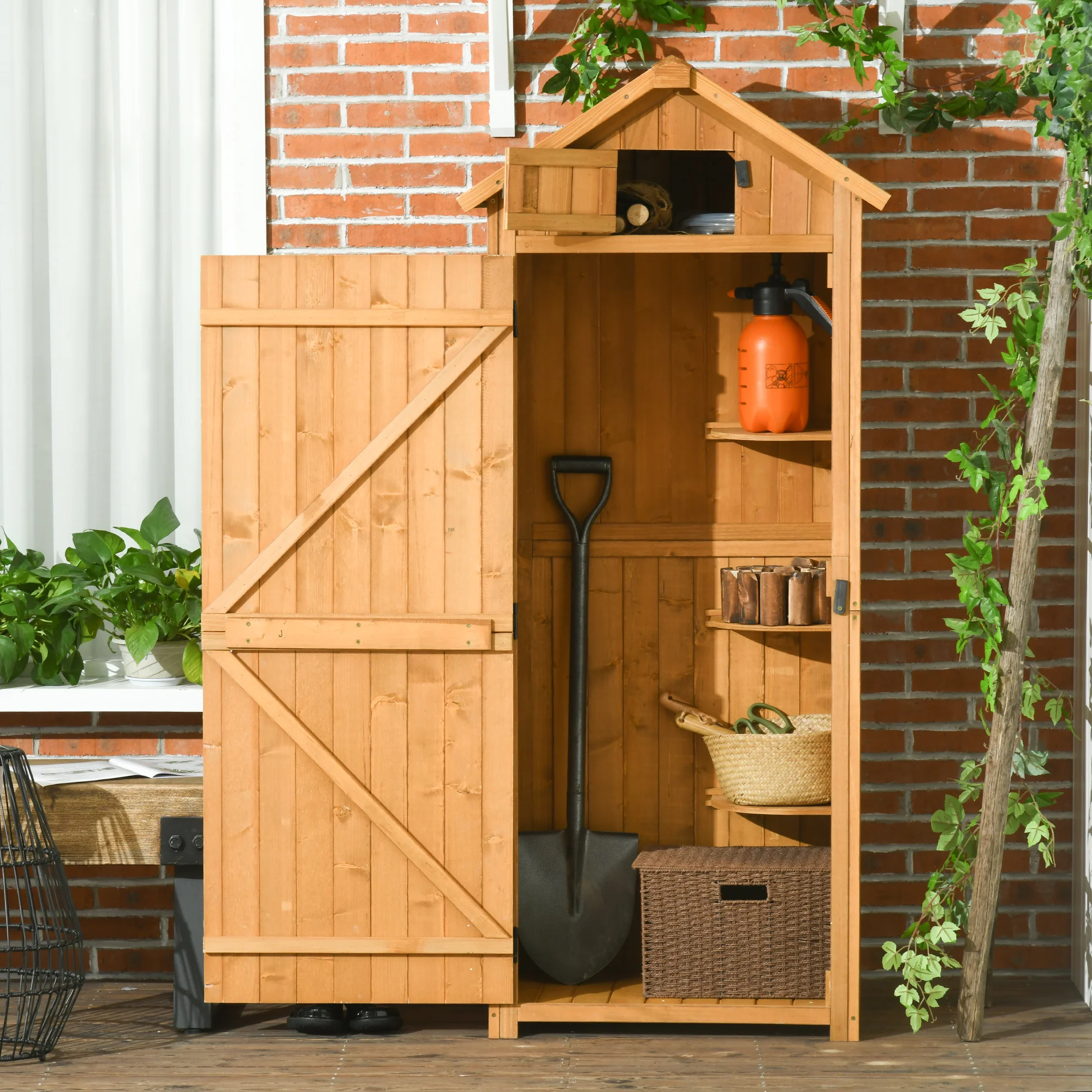 Outsunny Armario de Jardín de Madera con 3 Estantes 0,3 m² 77x54,2x179cm Natural