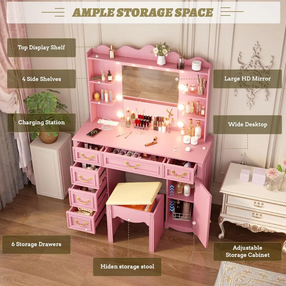 مكتب زينة مكياج كبير بإضاءة LED مع قاعدة شحن و6 أدراج، 43.3 طاولة تزيين للمكياج للتنظيم #4