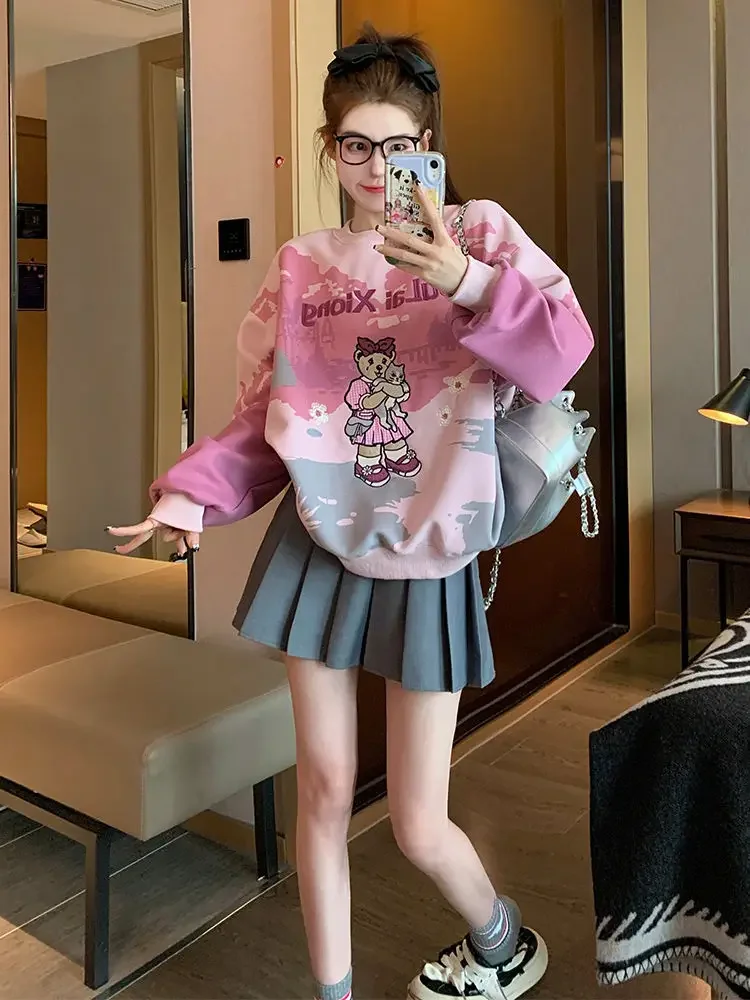 Japanese Cute Cartoon Embroidery Sweatshirt Women Y2k Harajuku Hoodie Spring Autumn Pullover Tie-dye Long Sleeve Tops O-neck New