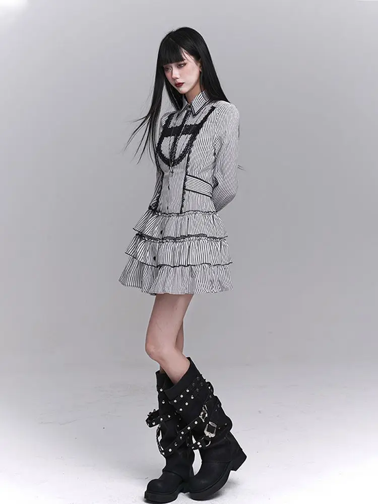 New Vintage French Style Gothic Mini Dress Women Casual Elegant Chic Strip Black Dresses Harajuku Fashion Korean Popular Clothes