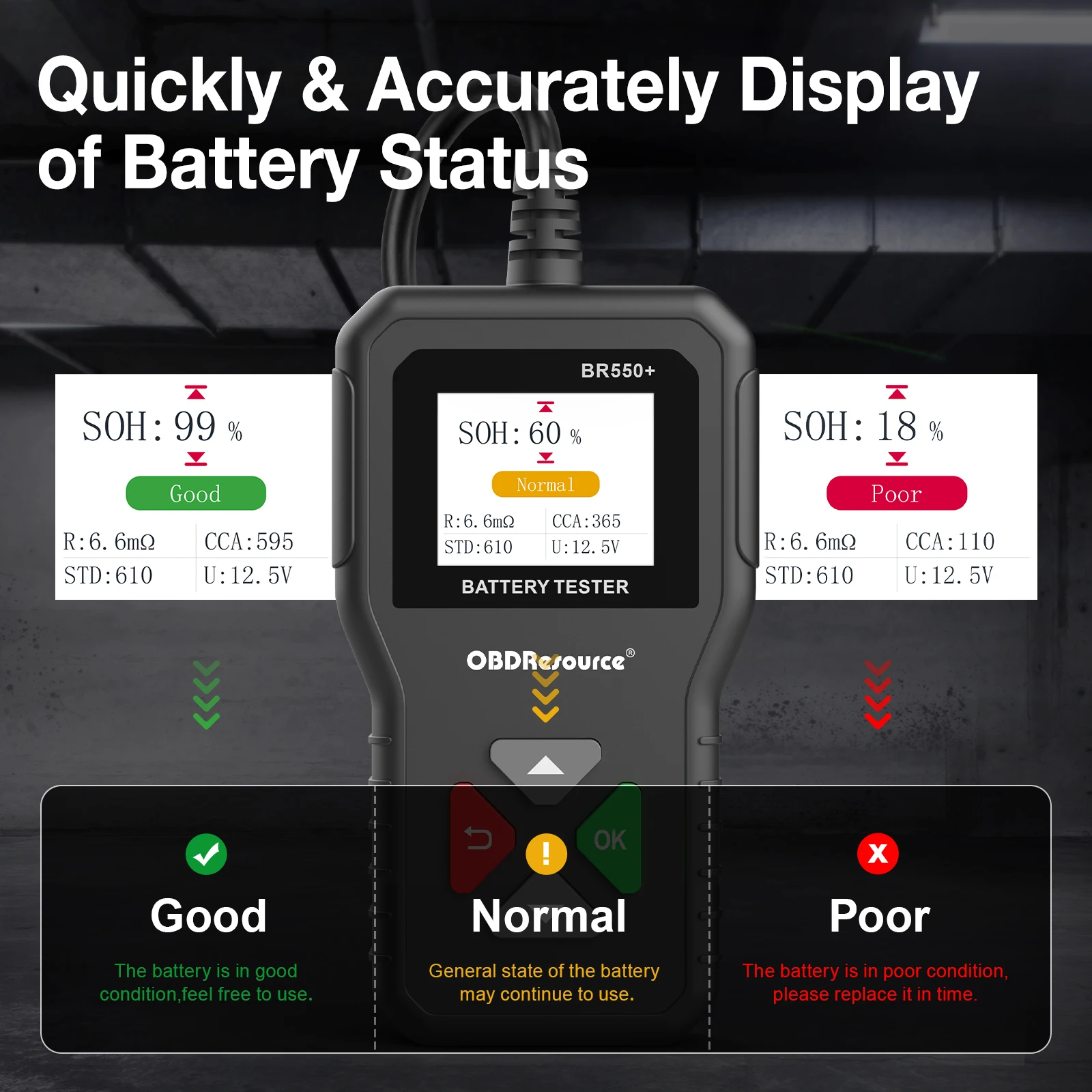 OBDResource Car Battery Tester, Voltage Tester, Auto Digital Battery Analyzer Tool, Color Screen, 6V, 12V, 24V, 100-2000 CCA