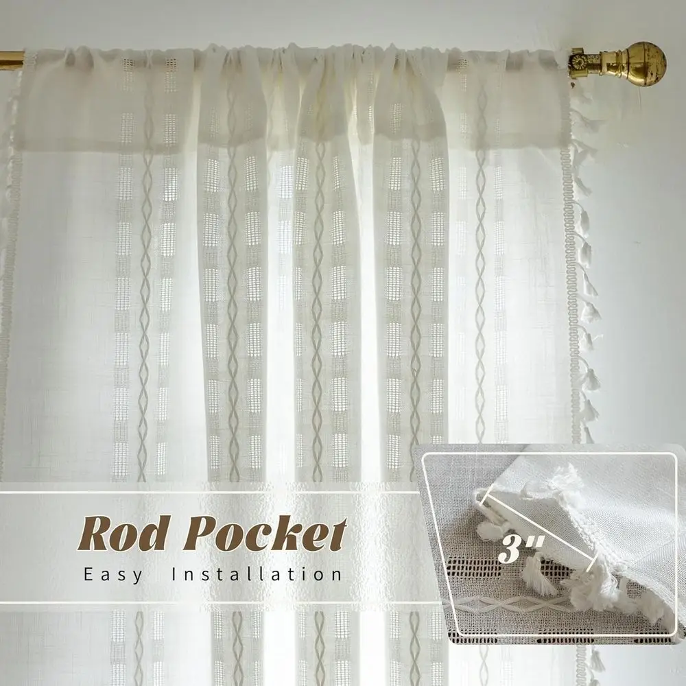 Cortinas de linho semitransparentes vintage, 96 longas, 2 painéis boho para sala de estar, quarto, berçário, filtragem de luz, privacidade, bo neutro