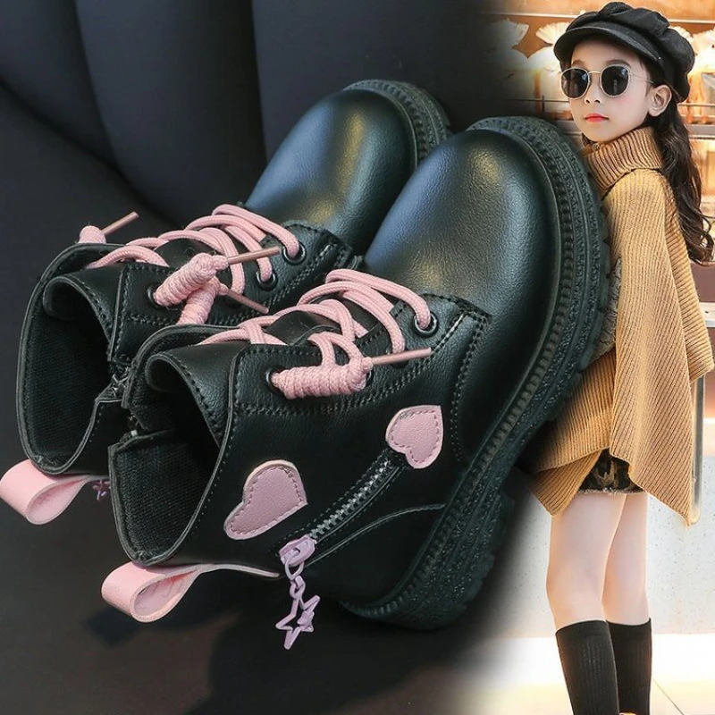 Botas britânicas de PU com fecho lateral para meninas, algodão macio, rosa, amor, casual, princesa, crianças, moda, legal, outono, inverno