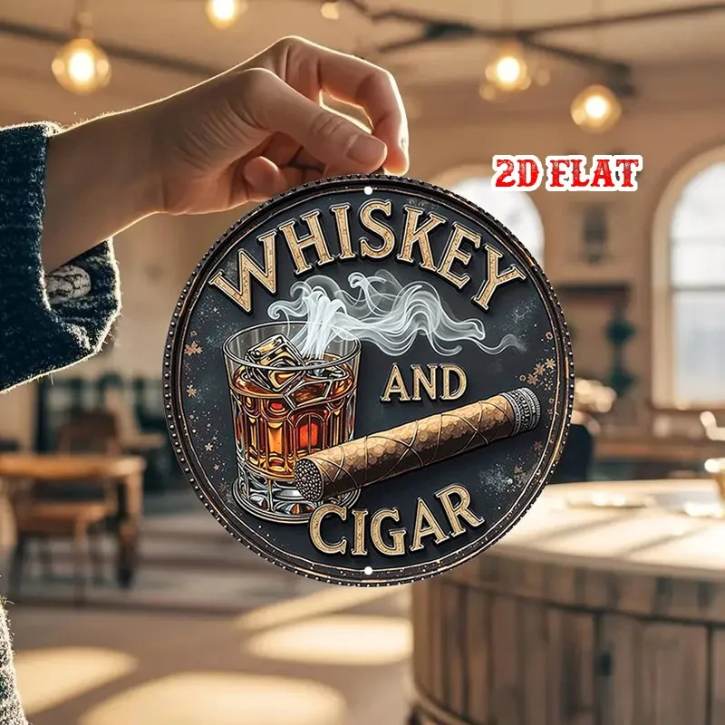 2D Flat,Cigar Smoke - Rustic Round Aluminum Sign Suitable for Home, Garage, Cafe - Elegant Cigar Smoke Decor, Wall Art Sign,