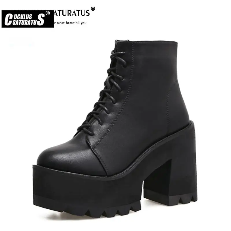 Cuculus lace up Boots 2022 Thick Heel Ankle Boots Women High Heels Autumn Winter Woman Shoes black boots platform shoes 2000