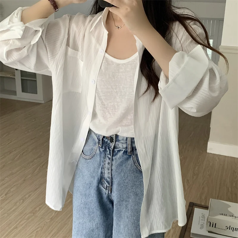 Women Thin Cotton Linen Cool Texture Long Sleeve Sunscreen Shirt Loose Casual Blouse Shirt Oversize Summer 2023