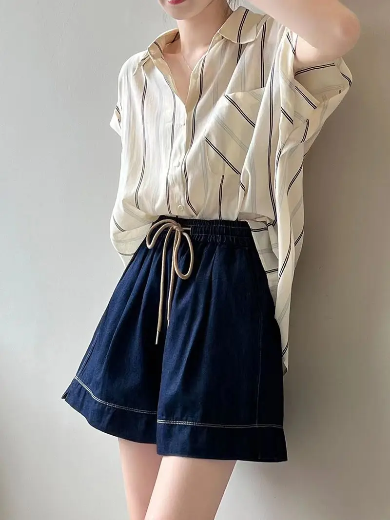 

Striped Shirts Women Short Sleeve Loose Casual Irregular Tender Japanese Style Harajuku Simple Commuting Summer Cozy Breathable