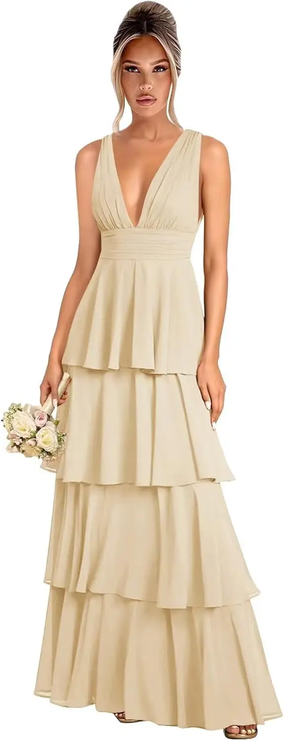 

Женское многослойное плиссированное шифоновое платье подружки невесты, длинное вечернее платье трапециевидной формы с глубоким v-образным вырезом, торжественное вечернее платье, элегантные дамы