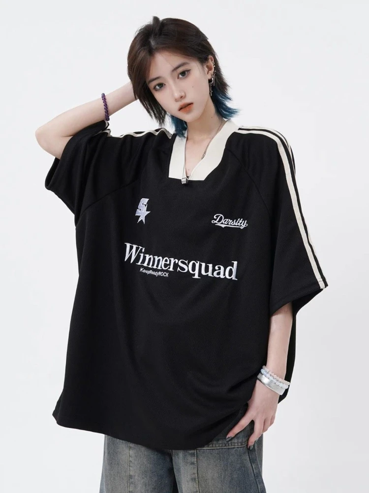 Y2K Basketball T Shirts Women Sporty Short Sleeve Tees Hip Hop Embroidery V-neck Tops Oversized Streetwear Summer Clothes 2023